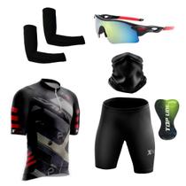 Kit Ciclismo Camisa c/ Proteção UV e Bermuda em Gel + Óculos Esportivo + Manguito + Bandana