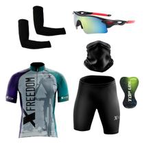 Kit Ciclismo Camisa c/ Proteção UV e Bermuda em Gel + Óculos Esportivo + Manguito + Bandana