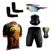 Kit Ciclismo Camisa c/ Proteção UV e Bermuda em Gel + Óculos Esportivo + Manguito + Bandana