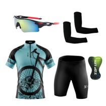 Kit Ciclismo Camisa C/ Proteção UV e Bermuda em Gel + Óculos Esportivo + Manguitos