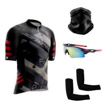 Kit Ciclismo Camisa C/ Proteção UV + Manguitos + Óculos de Proteção Espelhado + Bandana