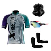 Kit Ciclismo Camisa C/ Proteção UV + Manguitos + Óculos de Proteção Espelhado + Bandana