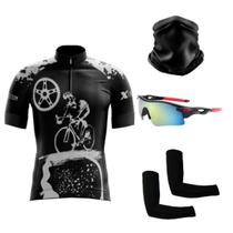 Kit Ciclismo Camisa C/ Proteção UV + Manguitos + Óculos de Proteção Espelhado + Bandana