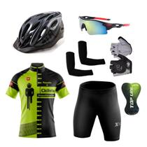 Kit Ciclismo Camisa e Bermuda C/ Forro Gel + Capacete + Luvas + Acessórios - XFreedom