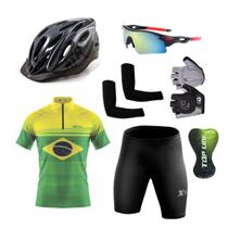 Kit Ciclismo Camisa e Bermuda C/ Forro Gel + Capacete + Luvas + Acessórios