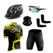 Kit Ciclismo Camisa e Bermuda C/ Forro Gel + Par de Manguitos + Bandana Esportiva