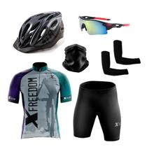 Kit Ciclismo Camisa e Bermuda C/ Forro Gel + Par de Manguitos + Bandana Esportiva - XFreedom