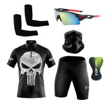 Kit Ciclismo Camisa Proteção UV e Bermuda em Gel + Óculos Esportivo + Manguito + Bandana