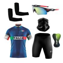 Kit Ciclismo Camisa Proteção UV e Bermuda em Gel + Óculos Esportivo + Manguito + Bandana - XFreedom