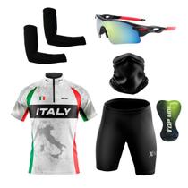 Kit Ciclismo Camisa Proteção UV e Bermuda em Gel + Óculos Esportivo + Manguito + Bandana