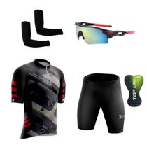 Kit Ciclismo Camisa Proteção UV e Bermuda em Gel + Óculos Esportivo + Manguitos