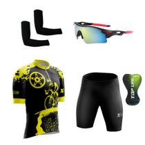 Kit Ciclismo Camisa Proteção UV e Bermuda em Gel + Óculos Esportivo + Manguitos