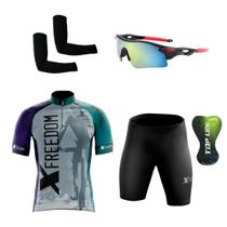 Kit Ciclismo Camisa Proteção UV e Bermuda em Gel + Óculos Esportivo + Manguitos