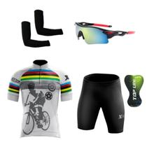 Kit Ciclismo Camisa Proteção UV e Bermuda em Gel + Óculos Esportivo + Manguitos