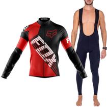 Kit Ciclismo Fox Vermelho Bretelle Gel Camisa Longa Ciclismo Dryfit Bike Uv50 Kit Ciclismo Fox Vermelho Bretelle Gel Camisa Longa Ciclismo Dryfit Bike Uv50