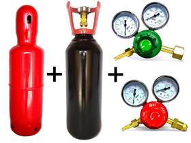 Kit Cilindro Gás Acetileno 1kg / 7,6L + Cilindro Gás Oxigênio 1m³ / 7 lts / 11kg + Regulador RG-200 e RO-200