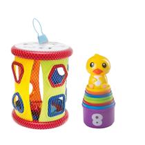 Kit Cilindro Mágico Didático De Encaixe Bloco E Empilha Patinho Brinquedo Educativo Infantil Para Coordenação Motora