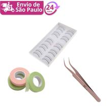 Kit Cílios de Treino com 10 pares + Pinça Curva + Fita Transpore Para Design e Extensão Cilios - Showbela