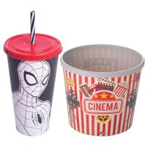 Kit Cinema Balde De Pipoca + Copo Com Canudo Homem Aranha