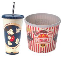 Kit Cinema Copo com Canudo Mickey 700ml + Balde de Pipoca