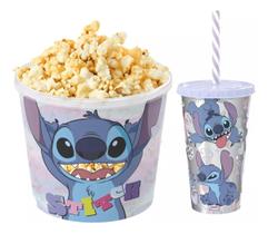 Kit Cinema Em Casa Balde De Pipoca E Copo Stitch Com Canudo