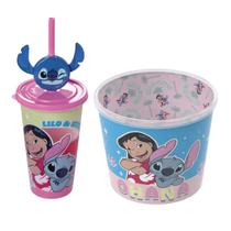 Kit Cinema em Casa Balde Pipoca e Copo Refri com Canudo Lilo Stitch Lembrancinha Presente