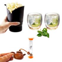 Kit Cinema Pipoqueira Copo Parede Dupla e Infusor de Chá