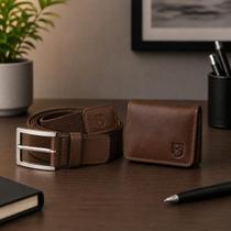 Kit Cinto Casual e Carteira RFID Executivo Couro + Brinde
