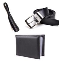 Kit Cinto Masculino Dupla Face Fivela Com Carteira Slim e Calçadeira Para Sapatos em Geral