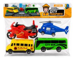 Kit City Transporte 4 Veículos Helicóptero Moto Ônibus Kit City Transporte 4 Veículos Helicóptero Moto Ônibus