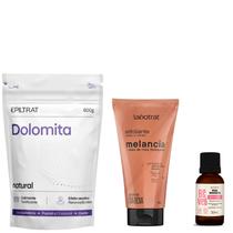 Kit Clareador e Revitalizante Dolomita 800g, Esfoliante Melancia 150g e Óleo Puro Rosa Mosqueta Farmax para Rosto e Corpo com 3 Produtos
