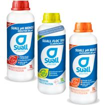 Kit Clarificante Elevador de pH Mais e Redutor de Ph Menos Liquido Para Tratamento Água de Piscinas Suall Decantador