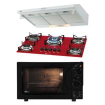 Kit Clássico Fischer: Forno Grill Vermelho Cooktop 5B TC e Depurador 80 cm Kit Clássico Fischer: Forno Grill Vermelho Cooktop 5B TC e Depurador 80 cm