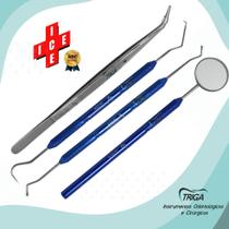 Kit Clinico Odontológico ICE 4 Pçs - Sonda Exploradora 5, Escavador 17, Espelho com cabo e Pinça Clinica