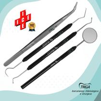 Kit Clinico Odontológico ICE 4 Pçs - Sonda Exploradora 5, Escavador 17, Espelho com cabo e Pinça Clinica