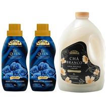 Kit Coala Chá Branco Lava Roupas Líquido 3L e 2 Amaciantes The Queen 1L Limpeza e Perfume Duradouro Kit Coala Chá Branco Lava Roupas Líquido 3L e 2 Amaciantes The Queen 1L Limpeza e Perfume Duradouro