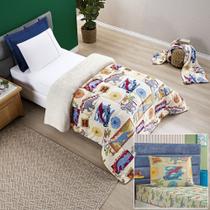 Kit Coberdrom + Jogo de Cama Bouti Kids Solteiro 03 Peças 100% Poliéster - Dino