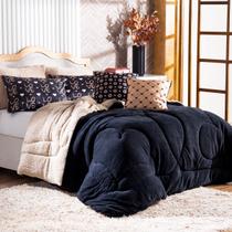 Kit Coberdrom SOLTEIRO 04 Peças Golden Love Preto Edredom Cobertor com Almofadas Estampadas Dupla Face Manta e Sherpa Colorida Toque Quente Macio