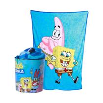 Kit Cobertor Manta Solteiro com Balde Pipoca Bob Esponja e Patrick Nickelodeon Zona Criativa Licenciado 5 Litros Cor:Azu