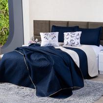 Kit Cobre Leito Borboleta Azul Marinho/Caqui Dupla Face c/ Almofadas Queen 05 Peças