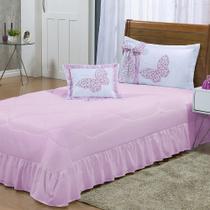 Kit Cobre Leito Borboletas Solteiro 04 Peças Bordadas Rosa