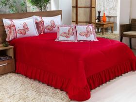 Kit Cobre Leito Casal King Borboletas 07 Peças Bordado Colcha - Vermelho