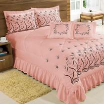 Kit Cobre Leito Casal King Desejos 07 Peças Bordado - Salmão