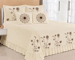 Kit Cobre Leito Casal King Encanto 07 Peças Bordado Colcha - PALHA COM MARROM