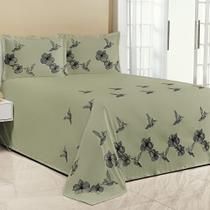 Kit Cobre Leito Casal Padrão Beija Flor 3 Peças Bordado Micropercal Verde