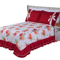 Kit Cobre Leito Casal Padrão com Babado e Laço Floral Hibisco 3 peças Isabela