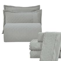 Kit Cobre Leito Casal Padrão + Jogo De Lençol Micropercal 300 Fios Com Bordado Inglês Santorini 7 Peças - Cinza Kit Cobre Leito Casal Padrão + Jogo De Lençol Micropercal 300 Fios Com Bordado Inglês Santorini 7 Peças - Cinza