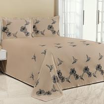Kit Cobre Leito Casal Queen Beija Flor 3 Peças Bordado Micropercal Bege