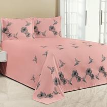 Kit Cobre Leito Casal Queen Beija Flor 3 Peças Bordado Micropercal Salmão