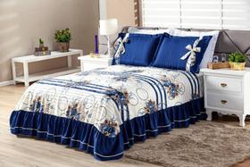 Kit Cobre Leito Casal Queen com Babado e Laço 3 Peças Azul Isabela